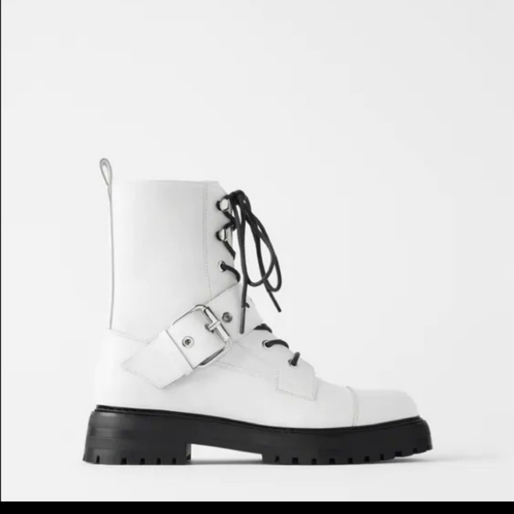 Zara White Leather Flat Boot w/ Buckle